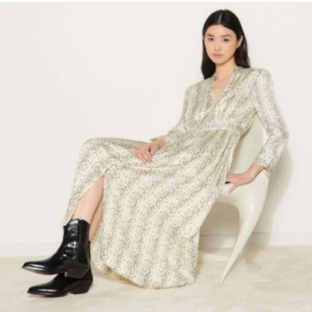 SANDRO Shira Cream & Black Satin Jacquard Maxi Dress - US 8 (FR 40)